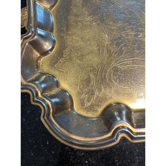 Vintage Gold Plate Butler Tray Relief Embossed Four Ornate Feet 23x13x2 Inches - Picture 8 of 11